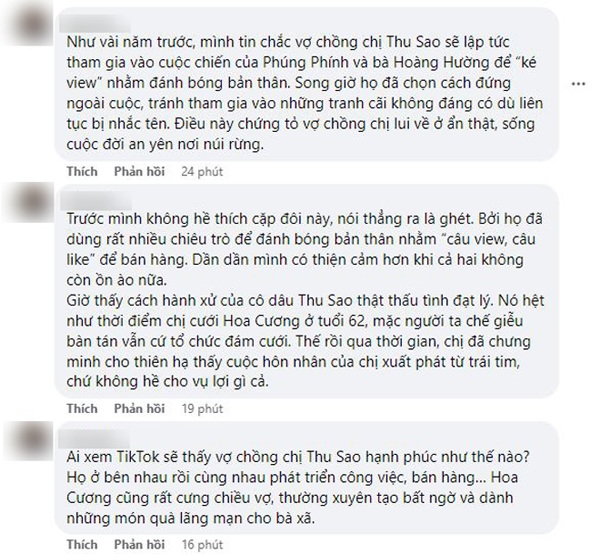 Ai cũng ủng hộ cách hành xử của cặp đôi, đồng thời ngưỡng mộ cuộc sống an yên hiện tại. (Ảnh chụp màn hình)