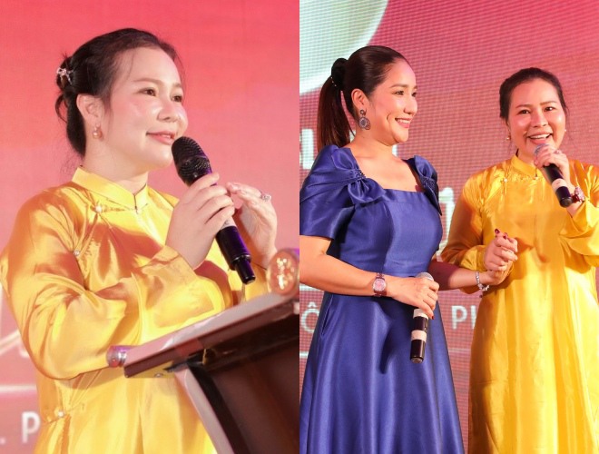 Xuất hiện trong trang phục áo dài truyền thống, bà xã Quý Bình trông gọn gàng nhưng chưa lấy lại ngoại hình như trước. Thần thái rạng ngời của nữ doanh nhân cũng khiến nhiều người chú ý.
