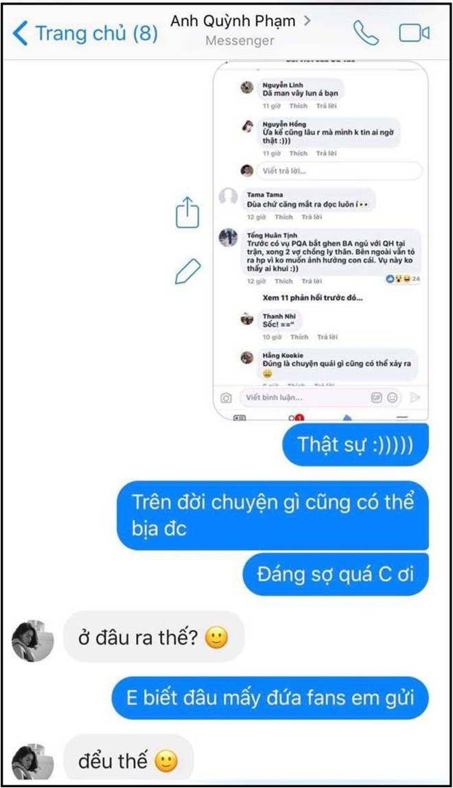  Bảo Anh tung tin nhắn thân thiết với Phạm Quỳnh Anh, khẳng định mình không hề liên quan đến việc ly hôn của đàn chị. Còn Phạm Quỳnh Anh đáp lại: Đểu thế trước sự đồn thổi.