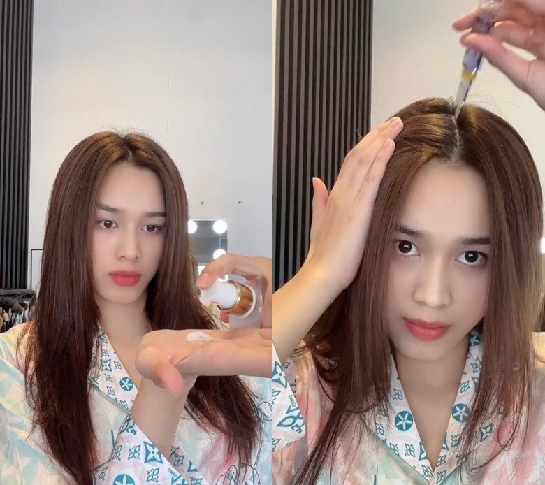 Khi tóc khô được khoảng 40%, cô sẽ thoa thêm dưỡng và huyết thanh chống rụng vào chân tóc. 