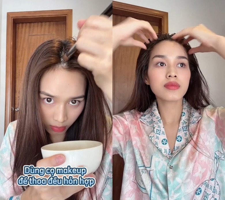 Cô dùng chiếc cọ để mix các nguyên liệu lại với nhau và sau đó thực hiện việc chấm hỗn hợp lên chân tóc. Người đẹp rẽ từng luống tóc và chấm lên để hỗn hợp thuốc thẩm thấu sâu vào chân tóc, hỗ trợ mọc tóc và làm khỏe tóc.