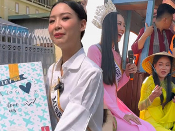 Bảo Ngọc diện áo dài, đội vương miện 8 tỷ đi chợ nổi Cần Thơ, dân quê kéo nhau xem hoa hậu quốc tế