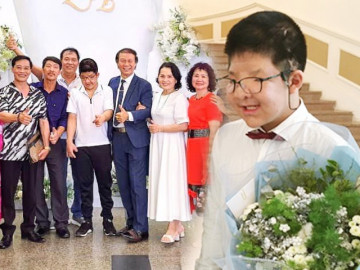 Bôm - con trai Quốc Tuấn đi ăn cưới con ông trùm: Vẻ ngoài cao lớn, chững chạc, thành tâm điểm giữa dàn nghệ sĩ