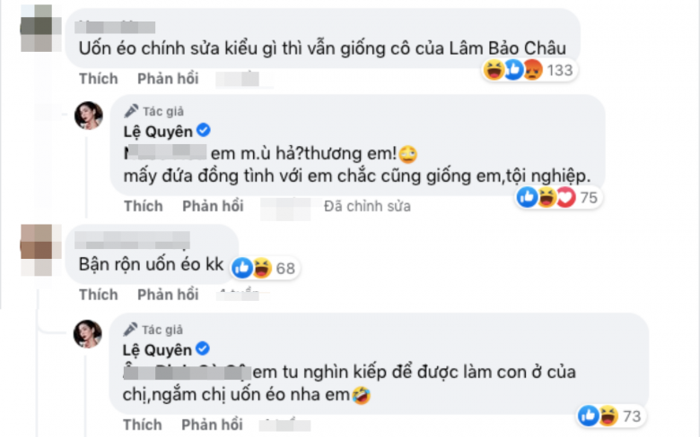 Dẫu vậy nhưng cách mix amp; match và chụp hình của Lệ Quyên vẫn chưa từng ngừng gây tranh cãi. Cô thường nhận về những lời bình luận tiêu cực. Có người còn nặng lời cho rằng, dù cô có mặc đồ, tạo dáng uốn éo kiểu gì thì vẫn giống cô của... Lâm Bảo Châu.