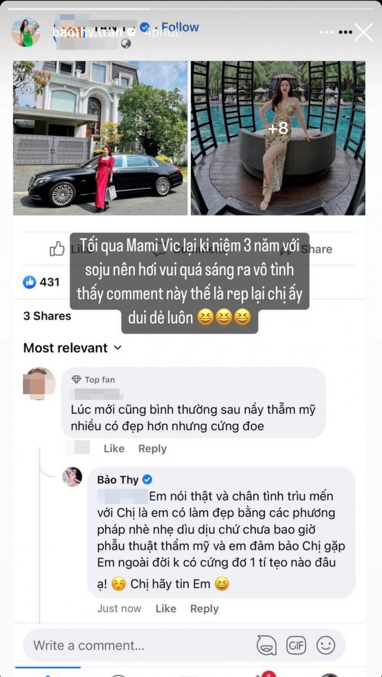 Mới đây, người đẹp vừa có màn phản pháo trước lời dị nghị đó. Một tài khoản mạng đã cho rằng, Bảo Thy ngày xưa nhan sắc bình thường nhưng sau này thẩm mỹ nhiều có đẹp hơn nhưng cứng đơ.