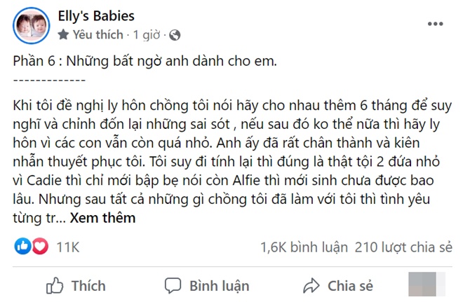 Elly Trần vừa đăng tải một status mới, tiết lộ thêm những câu chuyện sốc về cuộc hôn nhân 10 năm.