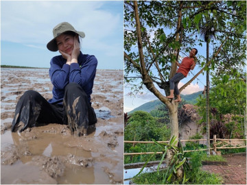 Vợ Tây của Bùi Tiến Dũng về quê chồng cào lúa, người đẹp VTV lội bùn, trèo cây gây chú ý