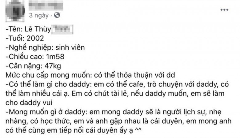 Một tài khoản rao tìm sugar daddy trên mạng xã hội. Ảnh: Báo Lao động