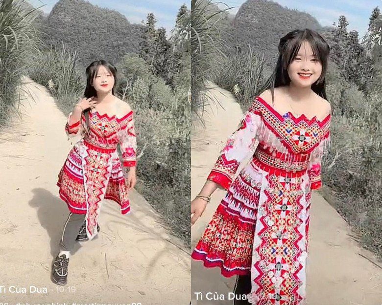Khi có sự đầu tư chỉn chu của ekip cũng như quen với việc bắt trend phong cách hiện đại, Phúng Phính còn biến tấu trang phục dân tộc của mình với các khoảng cắt may hút mắt. Chiếc đầm họa tiết hoa văn đặc trưng của xứ Hà Giang được may theo dáng trễ vai vô cùng xinh.