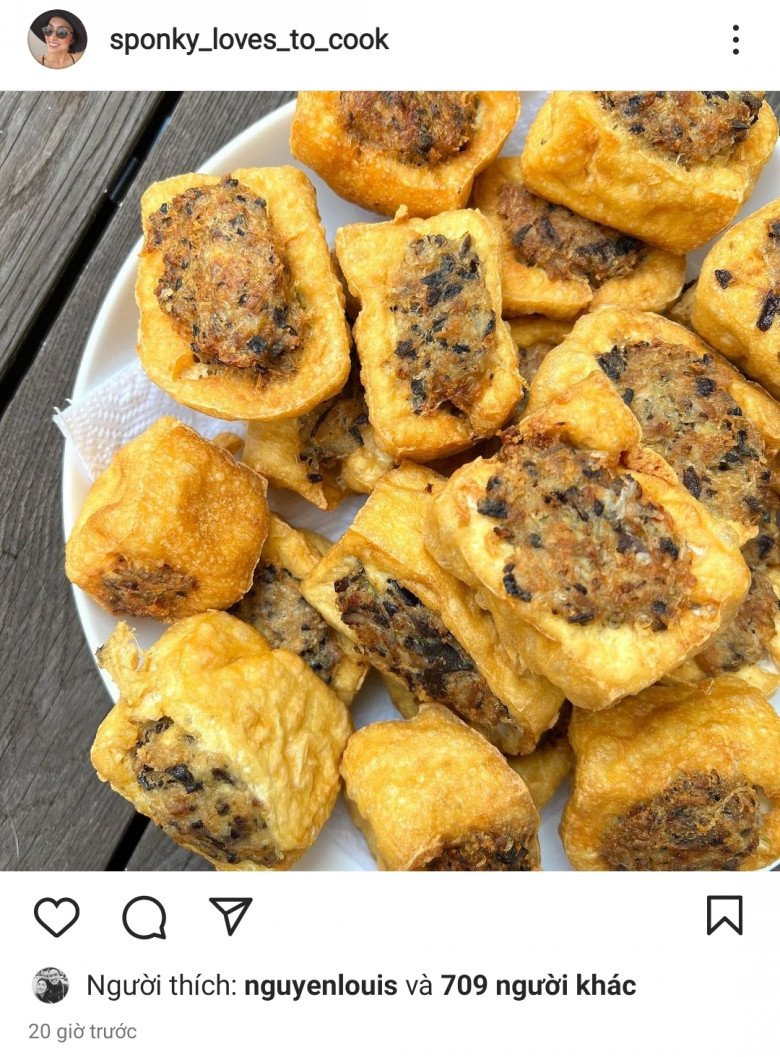 Món ăn mới mà nàng ngọc nữ vừa khoe là đậu hũ nhồi vàng ruộm cũng khiến ông xã Louis Nguyễn hài lòng mà thả tim.