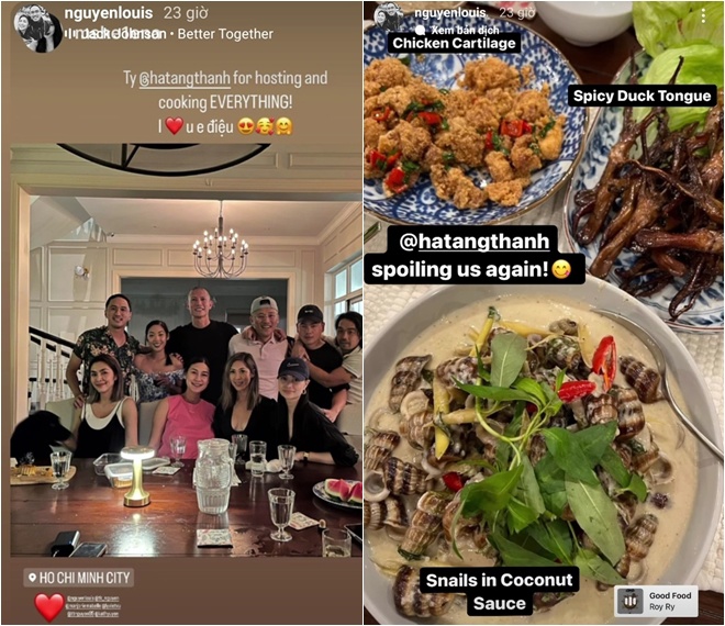 Trước đó, không ít lần con trai Vua hàng hiệu khen vợ vì đãi tiệc mọi người. Có hôm anh bày tỏ với đại ý: Tình yêu Tăng Thanh Hà chiêu đãi và nấu nướng mọi thứ. Anh yêu em, em điệu. Nam doanh nhân còn khoe cận cảnh các món bà xã làm như ốc len xào dừa, lưỡi vịt cay, sụn gà... sang trọng chẳng kém nhà hàng.