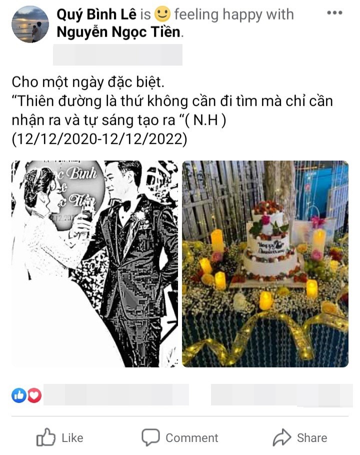 Dòng trạng thái ngọt ngào Quý Bình nhắn nhủ đến vợ doanh nhân nhân kỷ niệm 2 năm ngày về chung nhà.