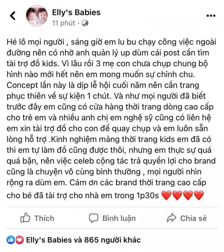 Elly Trần giải thích status xin tài trợ đồ là do cô nhờ anh quản lý đăng giùm, hiện thấy không phù hợp nên đã xoá đi.