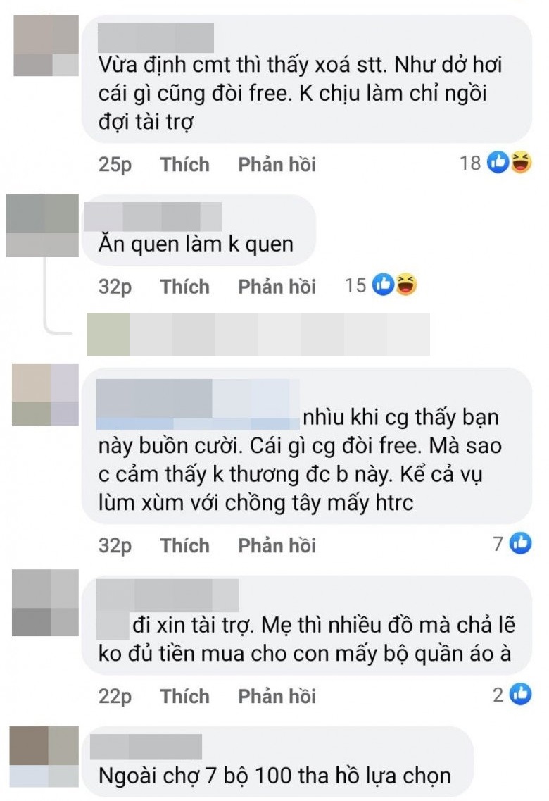 Nhiều bình luận chỉ trích Elly Trần, cho rằng cô không lo làm việc kiếm tiền mà chỉ muốn được tài trợ.