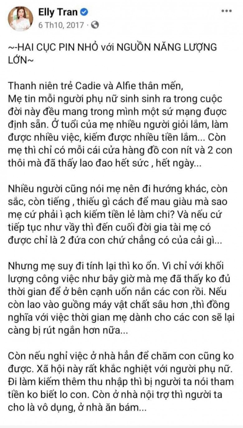Elly Trần đăng lại bức thư mà mình từng viết cho 2 con Cadie và Alfie hồi năm 2017 khiến nhiều người rưng rưng.