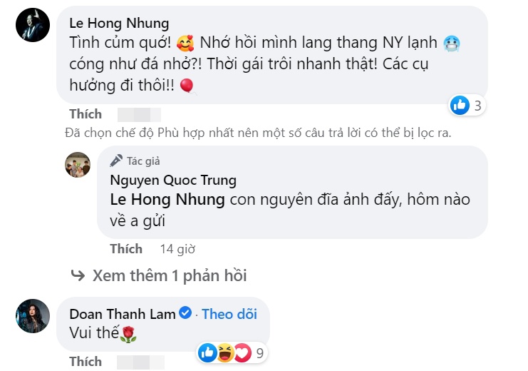 Thanh Lam và Hồng Nhung có bình luận thú vị phía dưới bài viết của Quốc Trung.