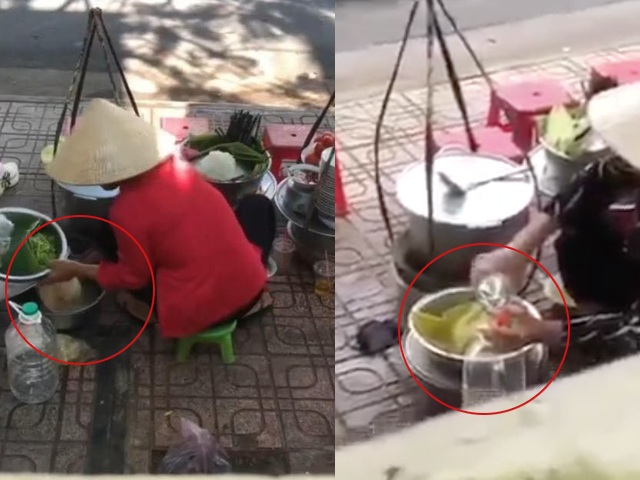 Không chỉ dồn lại nước dùng thừa, người bán hàng rong còn tráng bát sơ sài, đổ lại nước lọc đã qua sử dụng