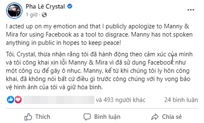 Pha Lê bất ngờ lên tiếng xin lỗi sau khi đăng bài, livestream nói gay gắt về chồng và bạn gái mới.