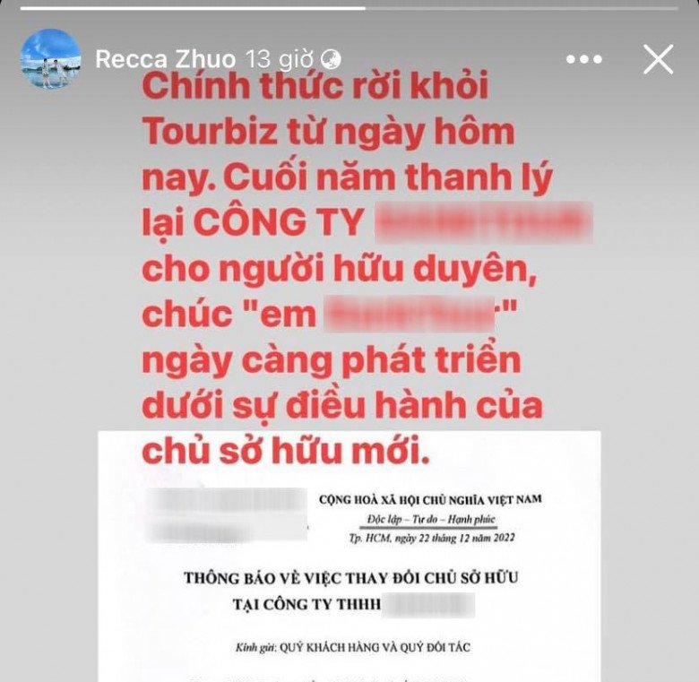 Người yêu của Thiện Nhân đăng thông báo về việc chuyển giao công ty.