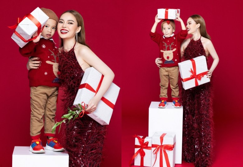 Giang Hồng Ngọc chọn những bộ váy có thiết kế đơn giản, không cầu kỳ nhưng sang trọng, giúp khoe 3 vòng nóng bỏng. Bé Cà Rốt cũng xuất hiện trong khung hình như hoàng tử nhí của mẹ.