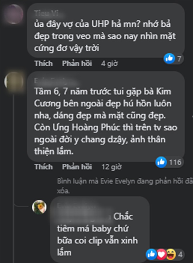 Bên dưới phần bình luận, người hâm mộ cũng bày tỏ sự hoang mang về gương mặt của bà xã Ưng Hoàng Phúc. Có người cho rằng do bà mẹ 3 con tiêm má baby nên mới trông khác lạ như thế.