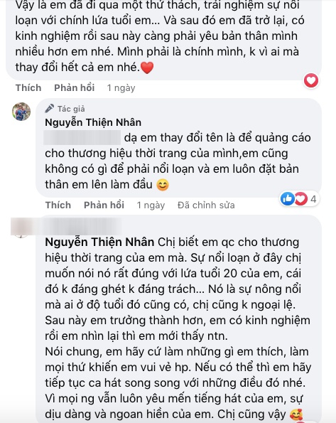 Thiện Nhân đã thả tim vào bình luận của một người dùng mạng trước những lời khuyên chân thành. 