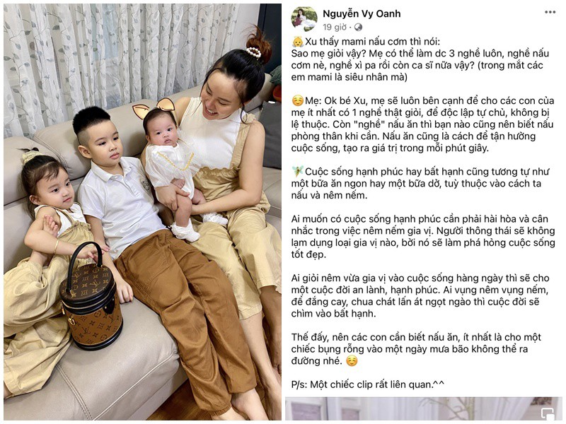 Trên trang  cá nhân, Vy Oanh không khỏi tự hào khoe mình được các con xem như là “siêu nhân” vì chuyện gì cũng biết làm. Cô chia sẻ sẽ nuôi dạy các con lên người giống mẹ.
