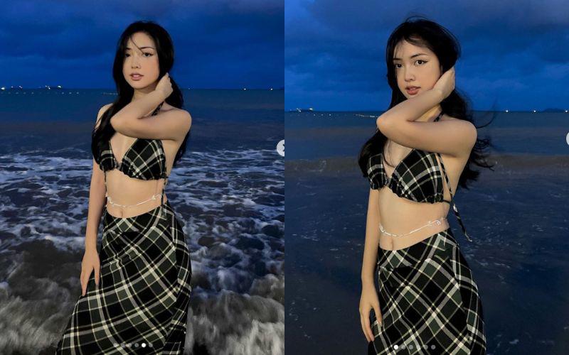 Dù đi biển, cô nàng Bắc Giang cũng nói không với các trang phục bikini hở hang táo bạo mà luôn đầu tư cho các set đồ "nửa kín nửa hở".
