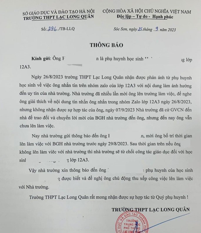 Thông báo của Trường THPT Lạc Long Quân gây phản ứng trong dư luận