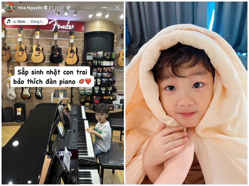 Trên story, Hoà Minzy vừa đăng tải hình ảnh con trai bên cây đàn piano và tiết lộ sắp sinh nhật bé Bo. Qua dòng trạng thái ngắn có thể biết được, nhóc tì nhà Hòa Minzy mới nhỏ xíu đã thể hiện niềm đam mê với âm nhạc, tương lai có thể trở thành ca sĩ nổi tiếng như mẹ.
