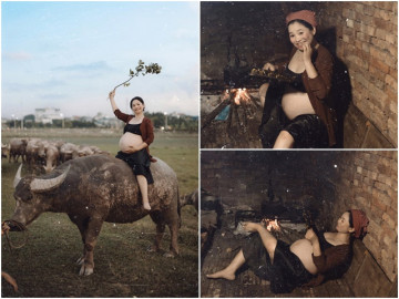 Mượn đàn trâu nhà ông bà ngoại, mẹ bầu hóa thân thành Thị Nở chăn trâu, chụp bộ ảnh để đời