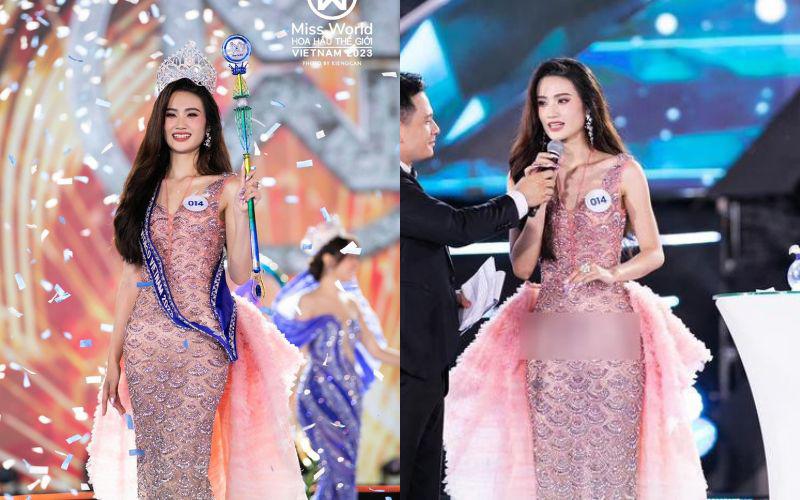 Hoa hậu Ý Nhi trong đêm Chung kết Miss World Vietnam cũng đã phải đối mặt với tai nạn thời trang ngoài ý muốn chỉ vì chọn bộ váy xuyên thấu quá mỏng manh.
