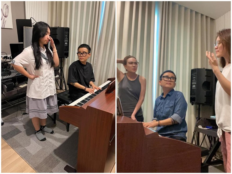 Trên trang Facebook cá nhân, nhạc sĩ Phương Uyên đã hé lộ loạt ảnh ghi lại cảnh đang tập hát cho học trò của mình. Đáng chú ý, trong buổi tập luyện này còn có sự góp mặt của Thanh Hà. 
