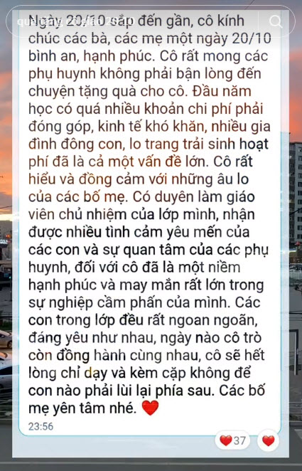 20/10 khi các bố mẹ đang phân vân tặng quà cô giáo con thì nửa đêm nhận được tin nhắn của cô, đọc xong ai cũng nín lặng - 4