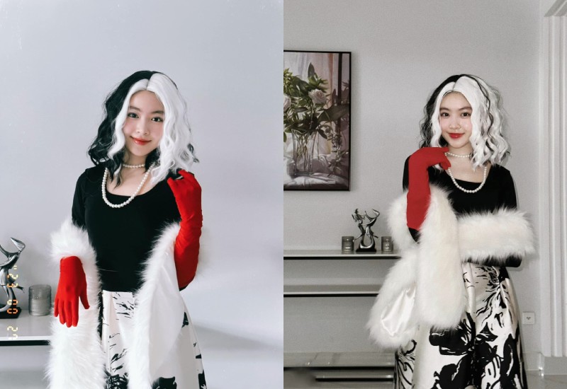 Lọ Lem - con gái MC Quyền Linh năm nay cũng góp mặt tham gia lễ hội. Lọ Lem mang đến hình ảnh mới mẻ ngày thường khi chọn hóa thân thành ác nữ Cruella với mái tóc 2 màu lạ mắt.
 
