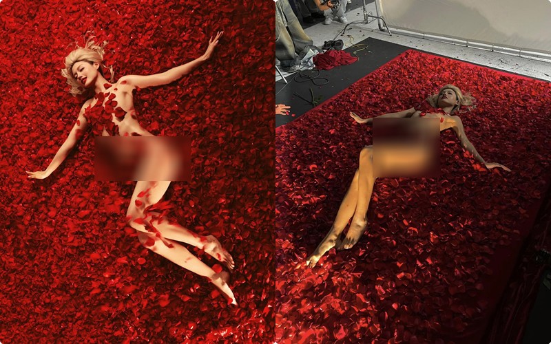 Trong concept này, Khánh Linh đã táo bạo thực hiện những góc chụp với rất nhiều cánh hoa hồng. Song điều thú vị mà nàng mẫu khiến công chúng bất ngờ chính là pha chơi trội tưởng như nude hoàn toàn. Thực tế, hậu trường cho thấy cô đã mặc quần chíp màu nude.

