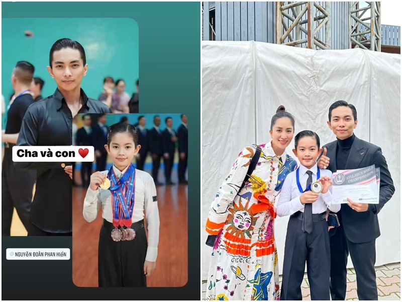 Ngoài ra, trên trang cá nhân, Khánh Thi cũng khoe ảnh chồng và và con trai đạt giải cao trong một cuộc thi dancesport. Nhìn hình ảnh thấy được, Kubi càng lớn càng giống bố như lột.
