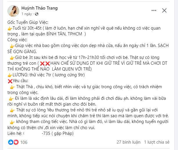 DV Huỳnh Thảo Trang tìm bảo mẫu trông con, tổng cộng 7 tiêu chí nhưng mức lương gây tranh cãi - 4