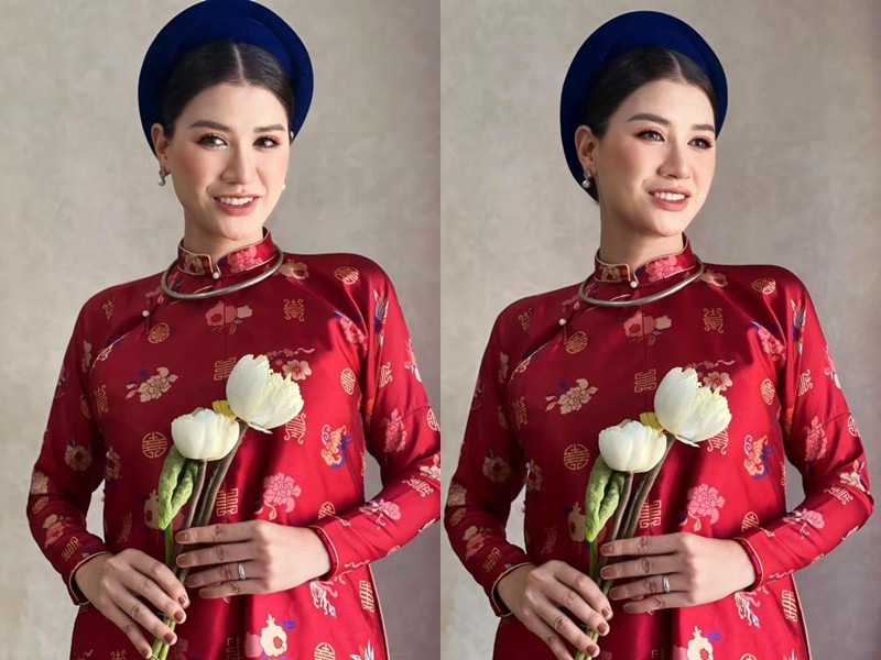 Cựu mẫu Trang Trần dịu dàng đến lạ khi diện áo dài, đội khăn đóng. Cô tự nhận mình là cô Tấm xinh đẹp khi viết: "Cô Tấm xinh đẹp hôm nay". 
