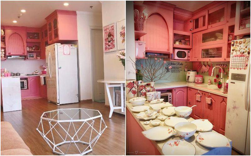 Cụ thể, để thỏa mãn với cơn “nghiện hồng”, chị đã phủ hồng căn bếp nhà mình. Từ tủ bếp tới các dụng cụ nấu ăn đều mang một màu hồng đáng yêu. 
