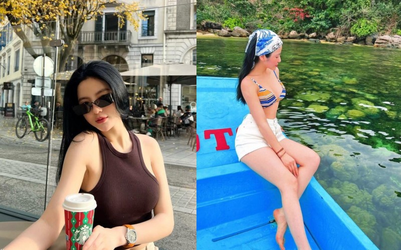 Chu Thanh Huyền không ngần ngại diện bikini để khoe vòng 1 căng tràn.
