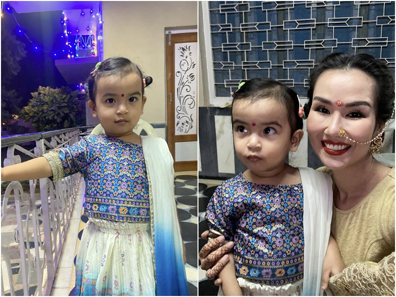 Trong hình ảnh, cả gia đình nữ ca sĩ đều diện lên bộ trang phục truyền thống Ấn Độ. Đáng chú ý, bé Moon cũng tỏ ra thích thú khi diện trang phục này. Nhóc tì tỏ ra khá hào hứng và vui vẻ hợp tác chụp ảnh cùng mọi người.
