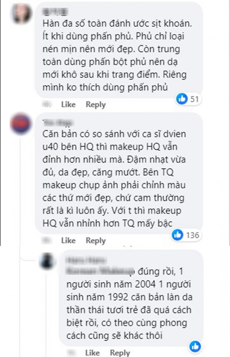 Cũng có 1 số khác cho rằng, bên Hàn Quốc luôn có lớp make-up đẹp vì họ chăm sóc da rất kỹ. Tuy nhiên, một số tài khoản phản bác cho rằng so sánh có phần khập khiễng khi đem ví dụ 2 mỹ nhân chênh nhau tới tận 12 tuổi để so sánh.