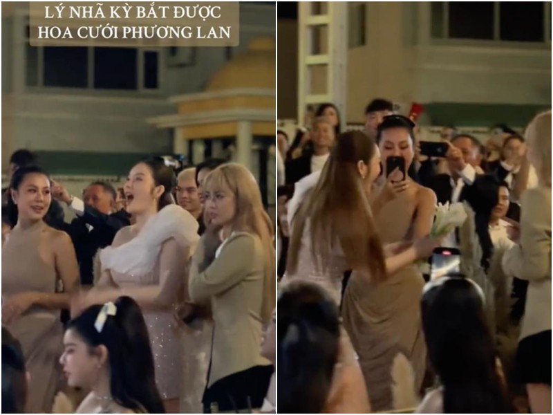 Trong màn tung hoa cưới của Phương Lan, các sao nữ gây chú ý khi thay vì tranh nhau chụp như mọi lần lại nhường hẳn cho Lý Nhã Kỳ. “Nữ đại gia” của showbiz Việt được các em của mình nhét hoa tận tay khiến nữ diễn viên lấy tay che miệng cười ngặt nghẽo. 

