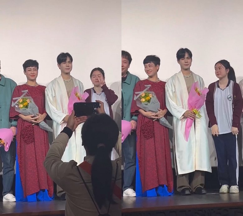 Nữ diễn viên Của Để Dành nổi bật với tà áo dài đỏ và mái tóc ngắn trẻ trung.