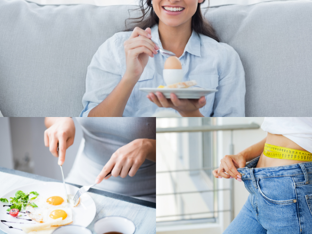 A person holding an egg in one hand and a measuring tape in the other, indicating weight loss.