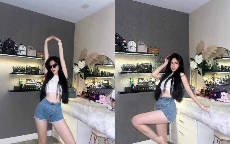 Đoan Nghi thường phối kiểu quần ngắn chẳng tày gang này cùng croptop để tăng thêm hiệu ứng "hack" dáng cũng như tôn được chiếc eo nhỏ nhắn.
