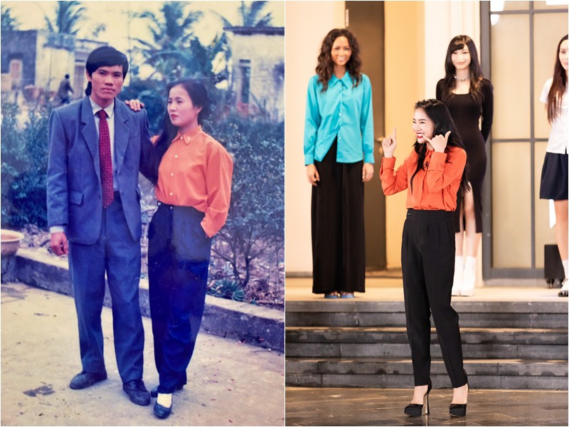 Hình ảnh mẹ của Phạm Lịch trong chiếc áo màu cam và quần âu "đóng thùng" gọn gàng đã được con gái mang lên truyền hình. Nữ ca sĩ kiêm vũ công cũng khá giống mẹ hồi trẻ.
