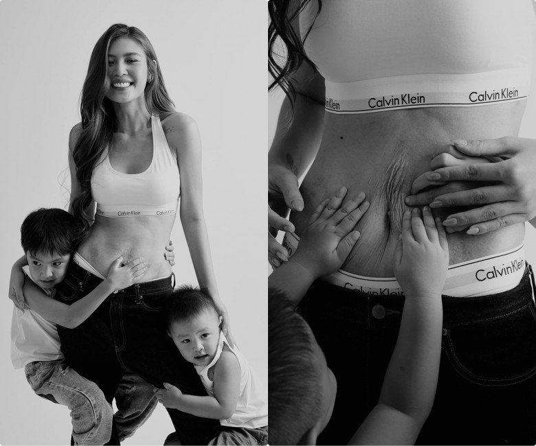 Cô diện thiết kế nội y tới từ thương hiệu Calvin Klein và tự tin tạo dáng trước ống kính show cận cảnh chiếc bụng nhăn nheo.
