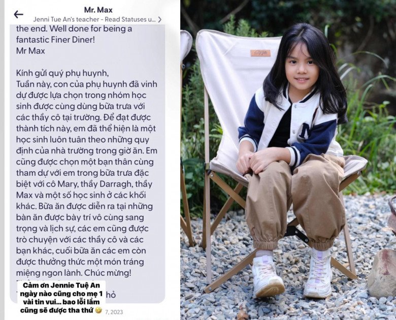 Con gái Phạm Quỳnh Anh nằm trong danh sách học sinh được dùng bữa riêng với giáo viên.